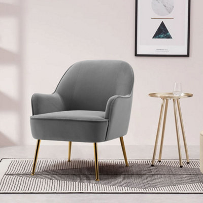 Grey Velvet Upholstered Armchair with Gold-Plated Feet for Living Room 80cm H