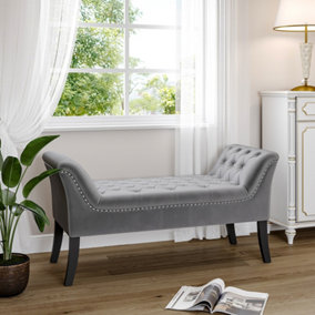 Grey Velvet Upholstered Bed End Bench Hallway Entryway Bench Footstool with Wooden Legs
