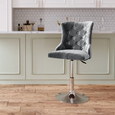 Grey Velvet Upholstered Height Adjustable Bar Stool with Polished Chrome Base