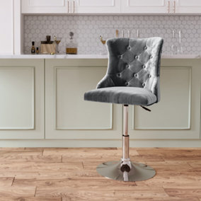 Grey Velvet Upholstered Height Adjustable Bar Stool with Polished Chrome Base