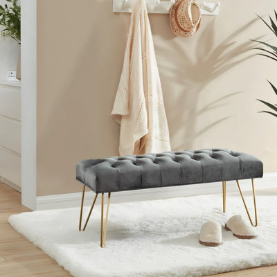 Grey Velvet Upholstered Living Room Hallway Bench Bed End Bench with Gold Hairpin Legs W 1160 x D 400 x H 450 mm