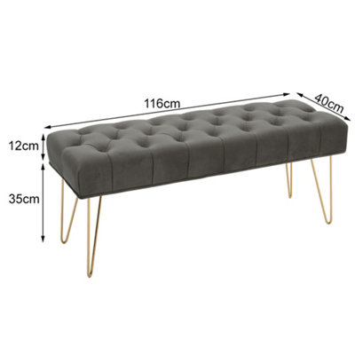 Grey Velvet Upholstered Living Room Hallway Bench Bed End Bench with Gold Hairpin Legs W 1160 x D 400 x H 450 mm