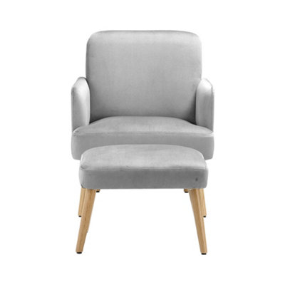 Grey Velvet Upholstered Occasional Armchair Relaxing Chair with Footstool