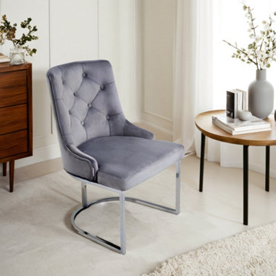 Grey Velvet Upholstered Sponge Filling Dining Chair with Metal Leg