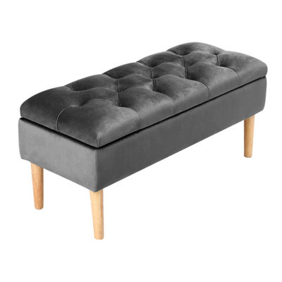 Grey Velvet Upholstered Storage Ottoman Bench Bed End Bench with Rubber Wooden Leg W 1000 x D 400 x H 460 mm
