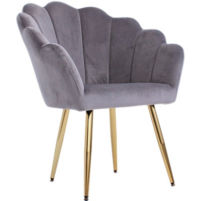 Grey Velvet Vanity Chair with Gold Plated Metal Legs - Elegant & Stylish Dressing Table Chair For Bedroom or Living Room Armchair