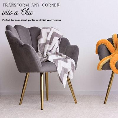 Grey Velvet Vanity Chair with Gold Plated Metal Legs Elegant Stylish Dressing Table Chair For