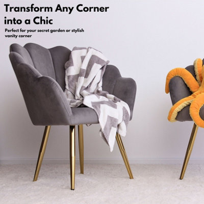 Grey Velvet Vanity Chair with Gold Plated Metal Legs Elegant Stylish Dressing Table Chair For