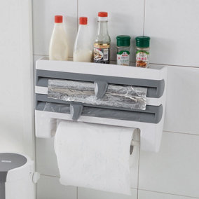 Grey Wall Mounted Cling Film Dispenser with Cutter Kitchen Paper Roll Holder Spice Rack