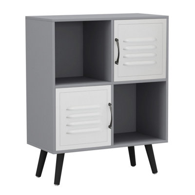 Grey, White, Black - 4-Cube Storage Unit with 2 Metal Doors and Legs