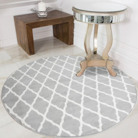 Grey White Classic Trellis Living Room Round Circular Mat 120x120cm