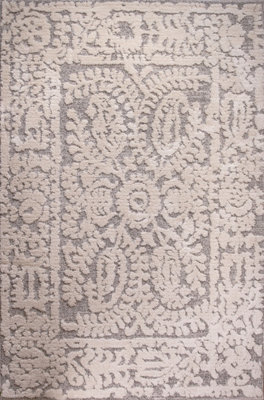 Grey White Floral Damask Plush Scandi Area Rug 120x170cm