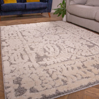Grey White Floral Damask Plush Scandi Area Rug 120x170cm