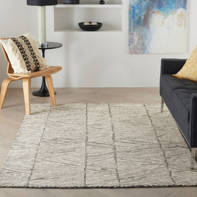 Grey White Handmade Wool ,Abstract Geometric Easy to clean Rug for Bedroom & Living Room-114cm X 175cm