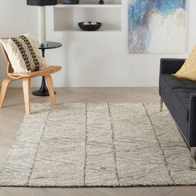 Grey White Handmade Wool ,Abstract Geometric Easy to clean Rug for Bedroom & Living Room-69 X 229cm (Runner)