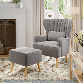 Grey Wing Back Occasional Armchair with Footstool Set,Linen Upholstered Sofa Chair Accent Chair with Cushion