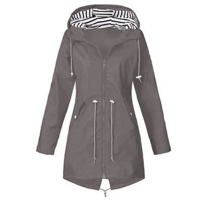 Grey Womens Waterproof Raincoat Hooded Long Outdoor Jacket Size 2XL