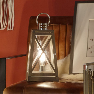 Grey Wood and Chrome Lantern Table Lamp
