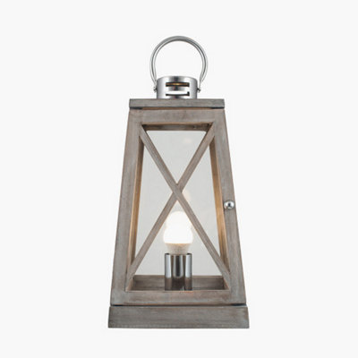Grey Wood and Chrome Lantern Table Lamp