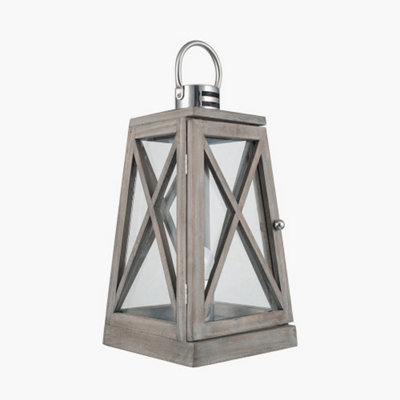 Grey Wood and Chrome Lantern Table Lamp
