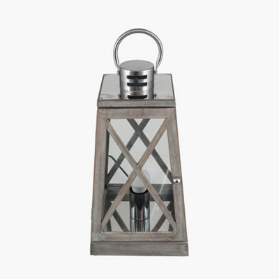 Grey Wood and Chrome Lantern Table Lamp
