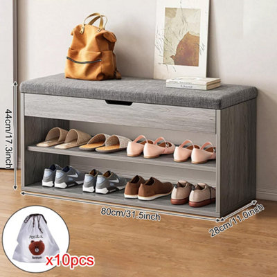Grey Wood Effect Shoe Storage Bench with Padded Seat & Hidden Compartment