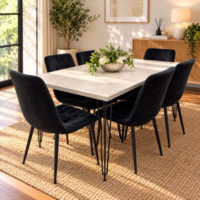 Grey Wooden Dining Table Hairpin Legs with 6 black Velvet Chairs ...
