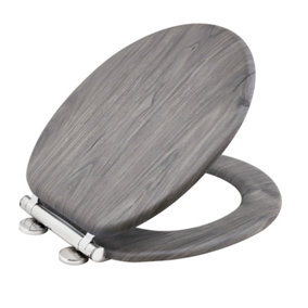 Grey Wooden Effect Toilet Seat Heavy Duty Bar Hinge Wood Effect Finish