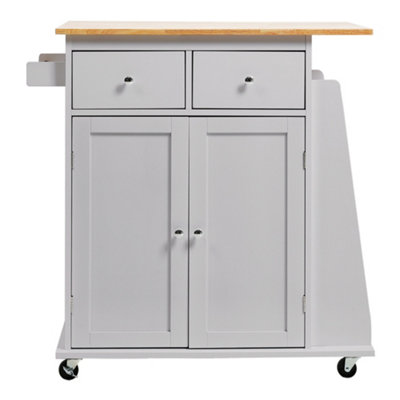 Grey Wooden Kitchen Island Cart Bar Serving Trolley Cart with Rubber Wood Worktop