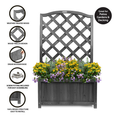 Grey Wooden Planter Lattice Trellis Flowerpot Plant Box - Large