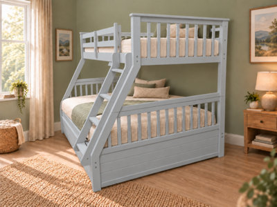 Grey Wooden Triple Bunk Bed Single Over Double 3 Sleeper with Storage ...