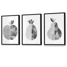 Grey Woodgrain Apple Pear Pineapple Wall Art Prints / 42x59cm (A2) / Black Frame