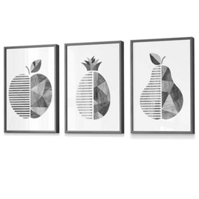 Grey Woodgrain Apple Pear Pineapple Wall Art Prints / 42x59cm (A2) / Dark Grey Frame