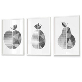 Grey Woodgrain Apple Pear Pineapple Wall Art Prints / 42x59cm (A2) / White Frame