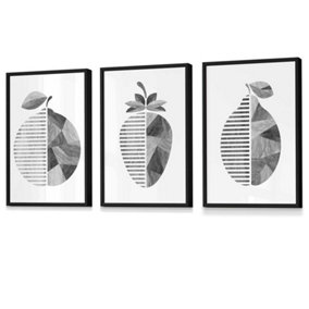 Grey Woodgrain Orange Strawberry Lemon Wall Art Prints / 42x59cm (A2) / Black Frame