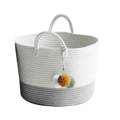 Grey Woven Laundry Storage Basket Laundry Hamper Clothes Storage Bag Bin with Pom Poms