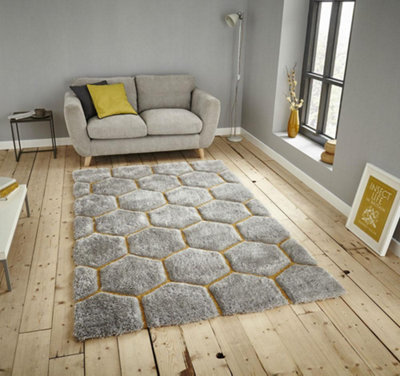 Grey/Yellow Abstract Shaggy Modern Easy to clean Rug for Dining Room ...