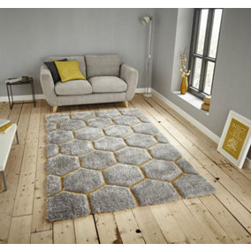 Grey/Yellow Abstract Shaggy Modern Easy to clean Rug for Dining Room Bed Room and Living Room-120cm X 170cm