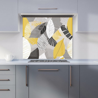 Grey Yellow Autumn Leaves Premium Glass Kitchen Splashback W600mm x H750mm