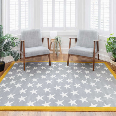 Grey Yellow Bordered Kids Bedroom Play Room Rug 120x170cm DIY at B&Q