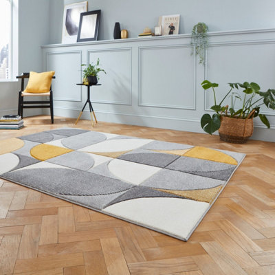 Grey Yellow Easy to Clean Geometric Abstract Rug For DiningRoom-120cm X 170cm