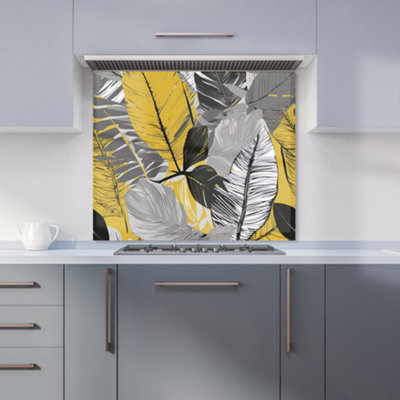 Grey Yellow Floral Leaves Premium Glass Kitchen Splashback W600mm x H600mm