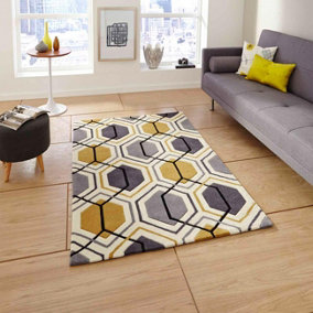 Grey/Yellow Geometric Handmade Modern Easy to clean Rug for Dining Room Bed Room and Living Room-120cm X 170cm