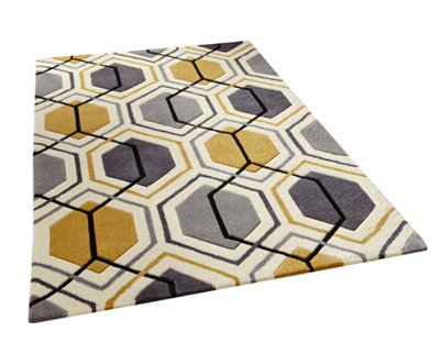 Grey/Yellow Geometric Handmade Modern Easy to clean Rug for Dining Room ...