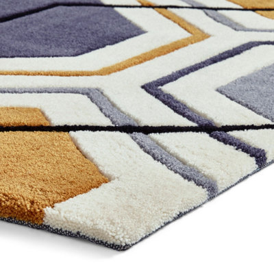 Grey/Yellow Geometric Handmade Modern Easy to clean Rug for Dining Room Bed Room and Living Room-90cm X 150cm
