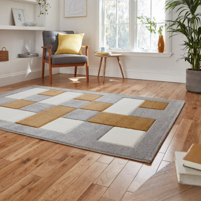 Grey Yellow Modern Geometric Bordered Chequered Machine Made Rug for Living Room Bedroom and Dining Room-60 X 230cm (Runner)