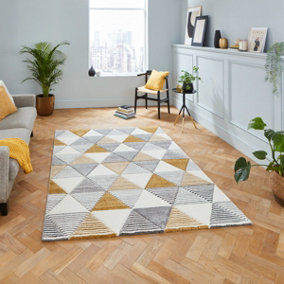 Grey Yellow Modern Geometric Easy To Clean Rug For Dining Room-120cm X 170cm