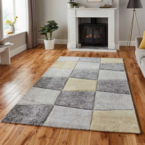 Grey/Yellow Modern Geometric Easy To Clean Rug For Dining Room-120cm X 170cm