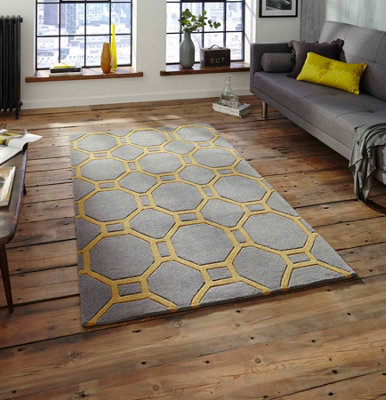 Grey/Yellow Modern Geometric Handmade Easy To Clean Rug For Living Room Bedroom & Dining Room-90cm X 150cm
