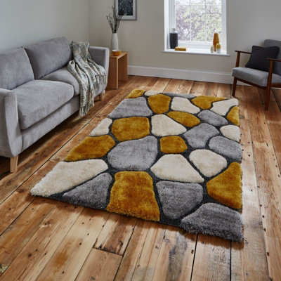 Grey/Yellow Modern Shaggy Easy to Clean Handmade Bedroom Dining Room And Living Room Rug -120cm X 170cm